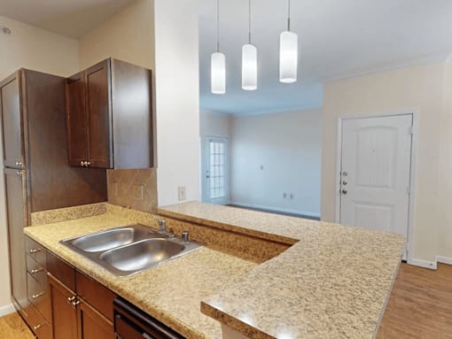 A kitchen with a sink and cabinets.