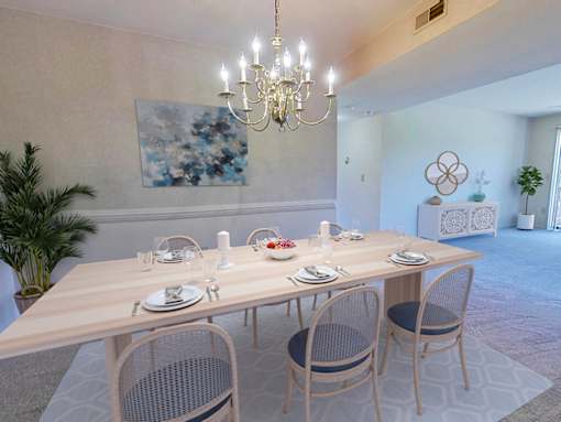 A dining room with a wooden table set for four.