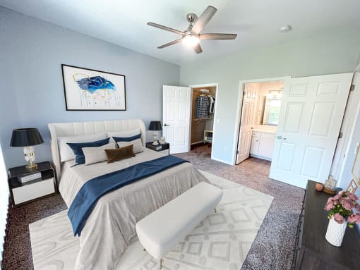 Spacious bedroom with connected bath at shoreline landing apartments