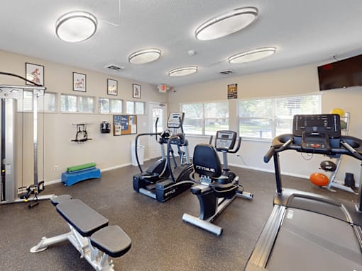 A gym with a variety of equipment including treadmills, exercise bikes, and weight benches.