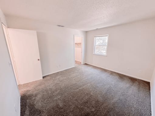 an empty living room with carpet and a window