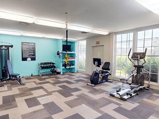 A gym with a variety of equipment including a treadmill, a stationary bike, and a rowing machine.