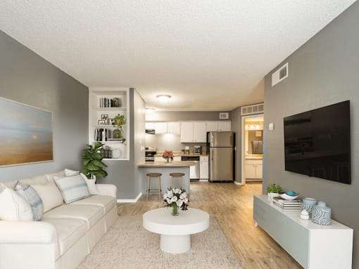 large modern living room with built in bookshelf