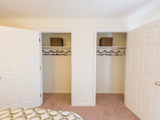 a bedroom with two closets and a bed and two closet doors