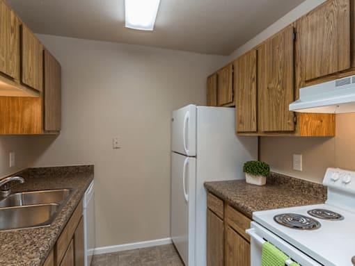 A kitchen with a white refrigerator and stove top oven.