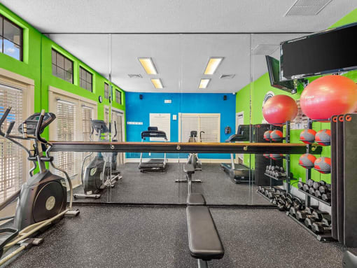 a gym with weights and cardio equipment in a room with green and blue walls