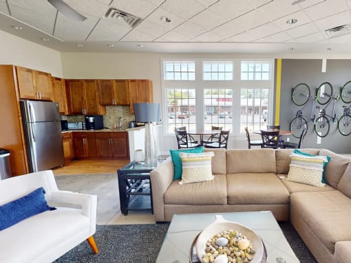 a living room with a couch and a table
