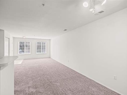 A large empty room with carpeted floor and two windows.