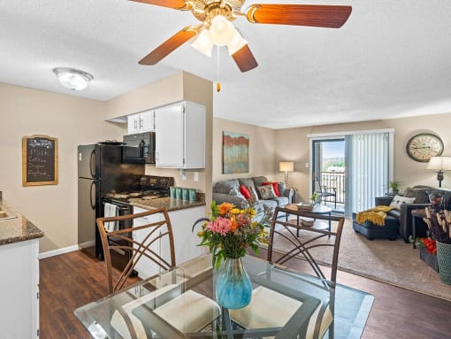 apartment living room and kitchen with a table