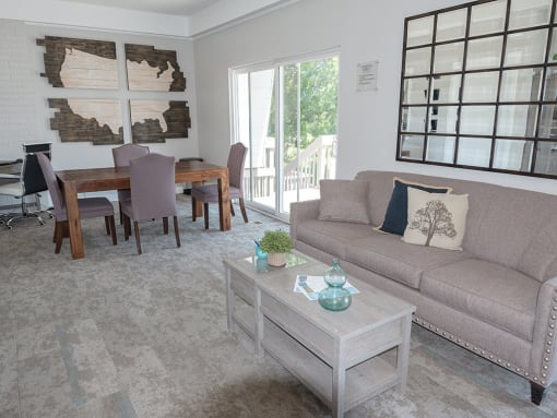 a clubhouse with a couch and a table