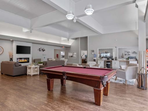a pool table in a room with couches and a fireplace