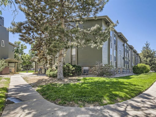our apartments are located next to a sidewalk and trees