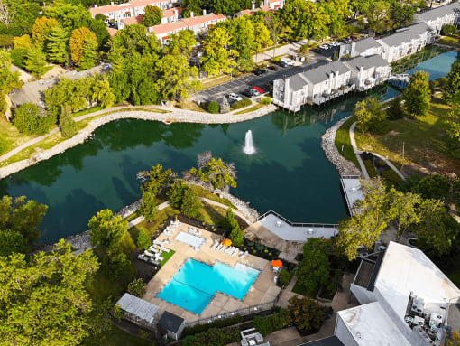 arial view of the pool and lake at the resort