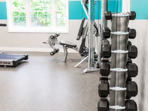 A gym with a weight rack, bench, and a treadmill.