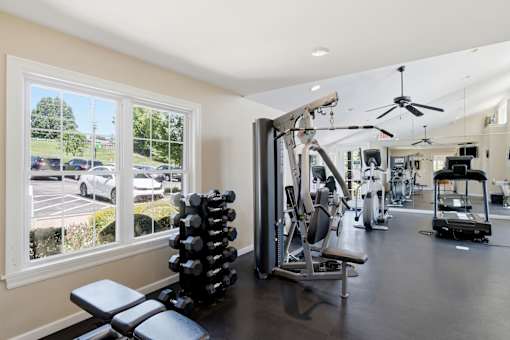 A gym with a view of a parking lot through the window.