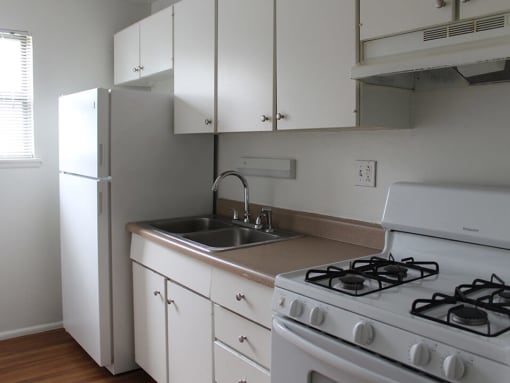 a kitchen with a stove and a sink and a refrigerator
