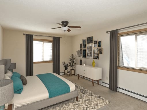Spacious bedroom w ith 2 windows and overhead light