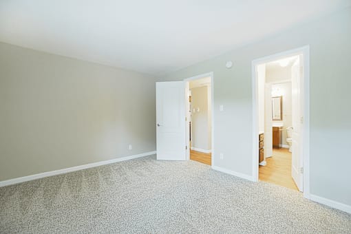 A room with carpeted floor and two open doors.