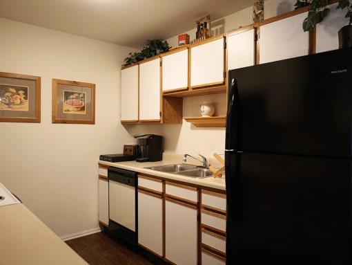 apartment kitchen with cabinets and appliances