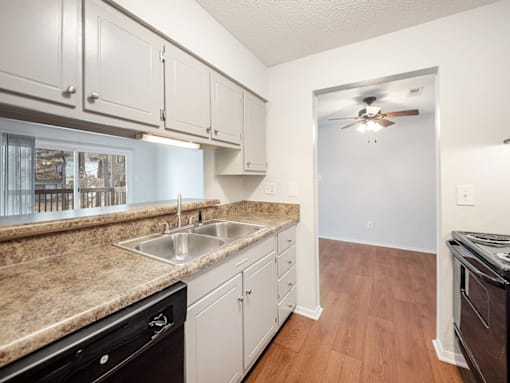 A kitchen with a sink and a fan.