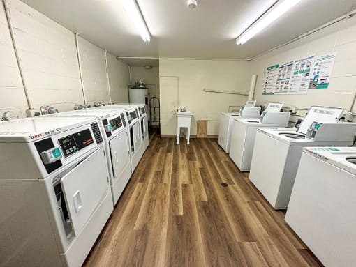 a group of washing machines in a room with wood flooring