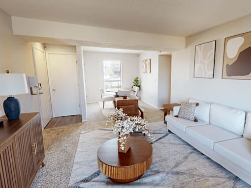A living room with a white couch, a wooden coffee table, and a rug.