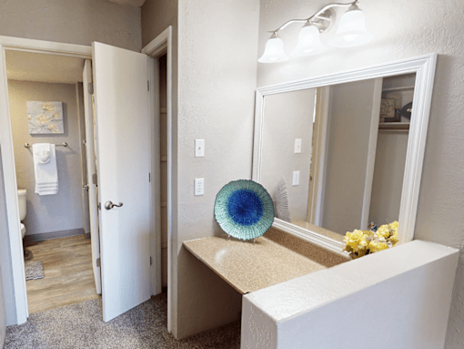 A bathroom with a white door, a mirror, and a blue decorative item on the counter.