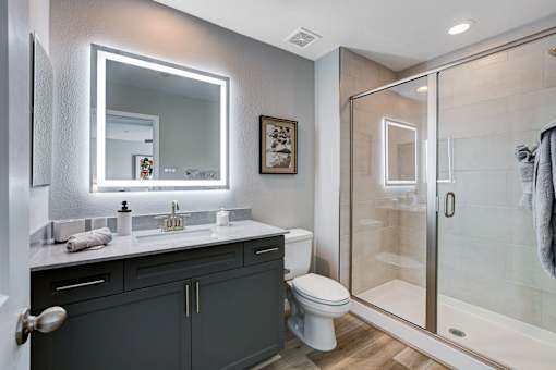 Walk-In Showers With Built-In Bench And Glass Enclosure at Copper Creek Apartments, Las Vegas