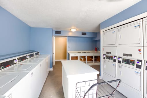 a laundry room with white appliances and blue walls