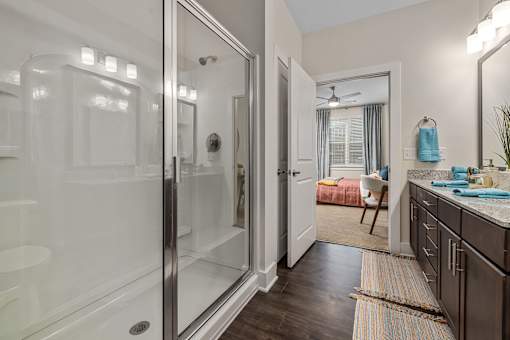 A bathroom with a walk-in shower and a vanity with a mirror.