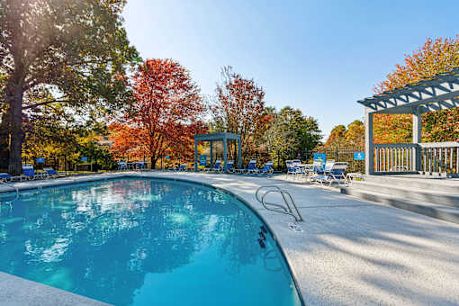 A swimming pool surrounded by trees in autumn.