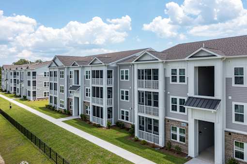 A row of modern townhouses with a sidewalk and green grass in front.