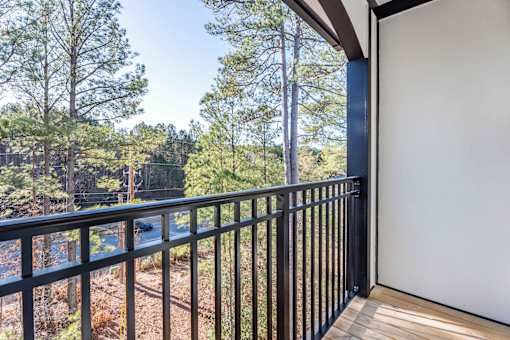 A balcony with a black railing overlooks a wooded area.