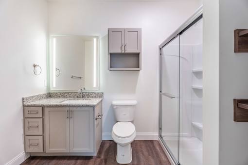A white toilet sits next to a sink in a bathroom.