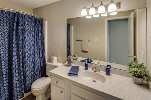 A bathroom with a white sink, toilet, and a blue shower curtain at River Ridge Apartments in Asheville, NC