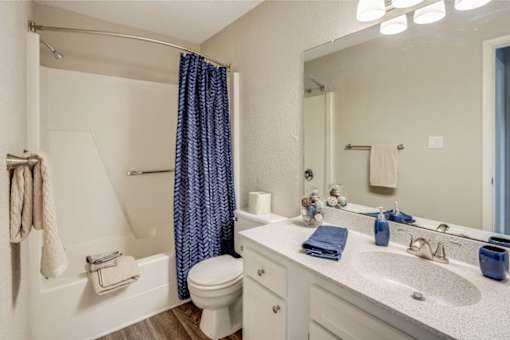 A bathroom with a white toilet, a white sink, and a blue shower curtain at River Ridge Apartments in Asheville, NC