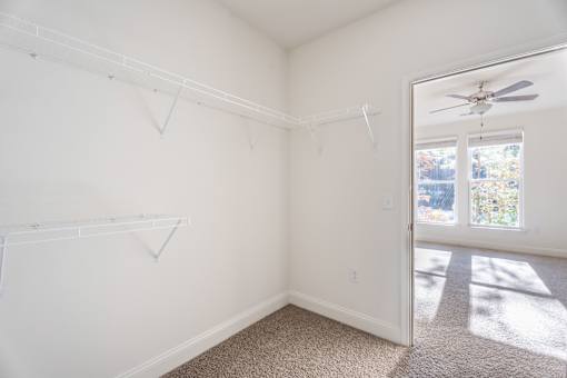 A white room with a carpet floor and a ceiling fan.