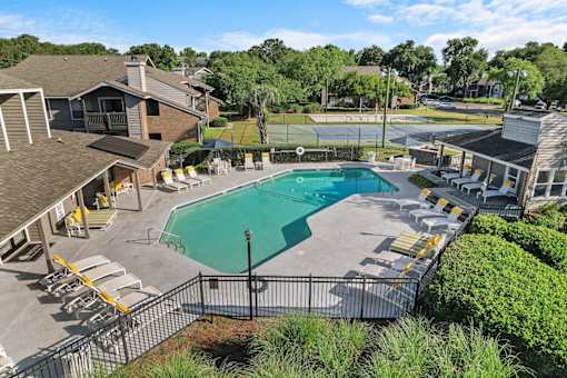 ariel photo of clubhouse and sparkling swimming pool at Ashley River