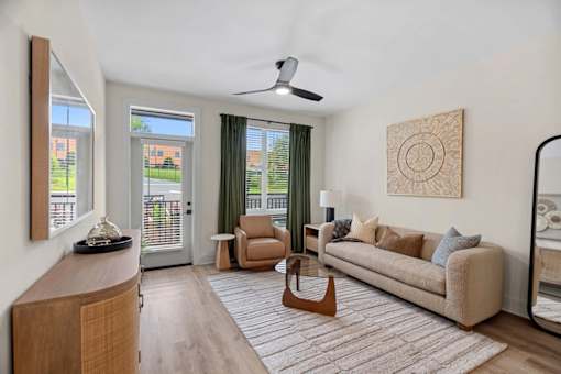 A living room with a couch, chair, and a rug.