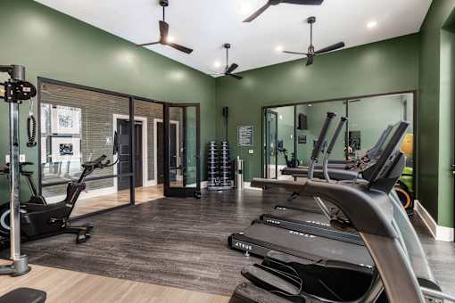 A gym with treadmills, elliptical machines, and other exercise equipment.