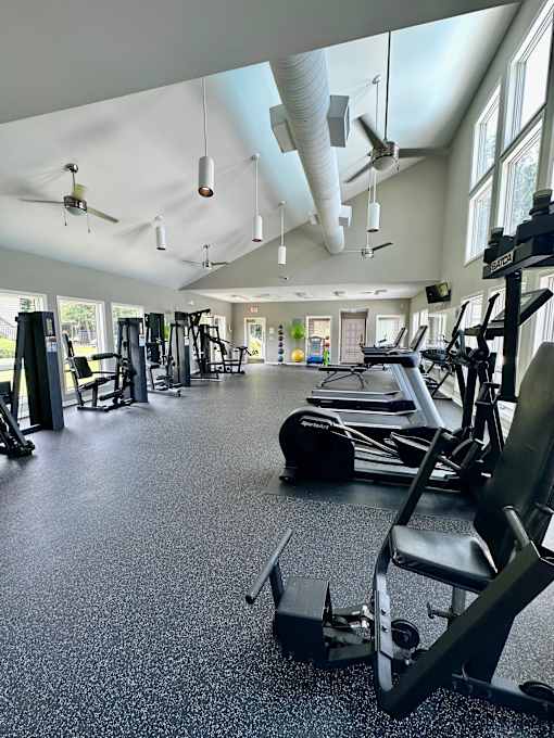 A gym with a variety of equipment including treadmills, weights, and a fan at River Ridge Apartments in Asheville, NC