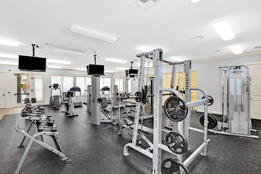A gym with a variety of equipment including a squat rack and a bench press.