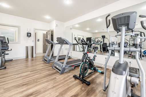 A gym with treadmills, exercise bikes, and other equipment.