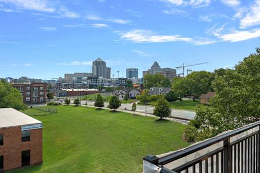A view of a city skyline from a high vantage point.