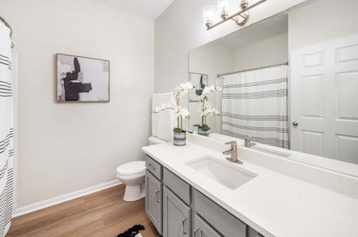 A bathroom with a toilet, sink, and mirror.