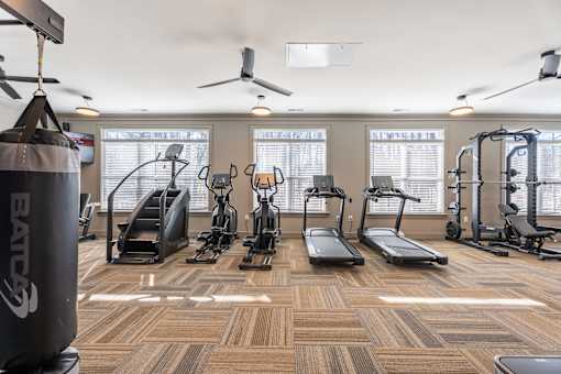A gym with a variety of equipment including treadmills, elliptical machines, and a punching bag.