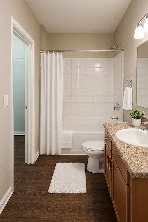 A bathroom with a toilet, sink, and shower.