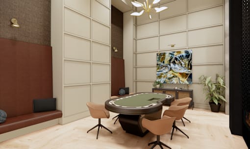 A poker table is surrounded by chairs in a room with a painting hanging on the wall.