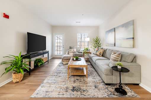 A living room with a grey couch, a black coffee table, and a large TV.