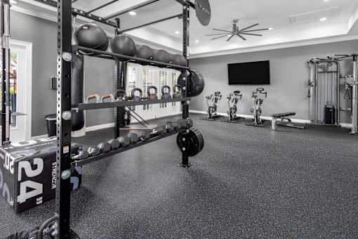 Fitness center with a weight rack and weights on it.